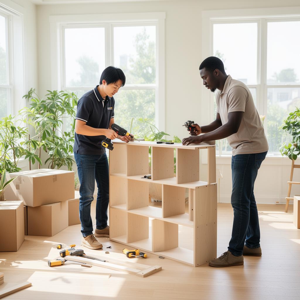 A Concierge Runner and a renter assembling a bookshelf together in a sunny apartment