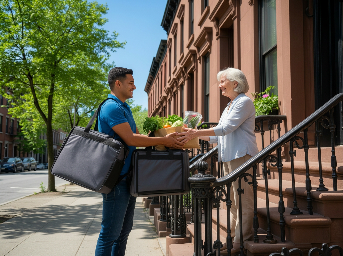 A Concierge Runner handing a grocery pickup to a neighbor on a brownstone stoop on a bright sunny day