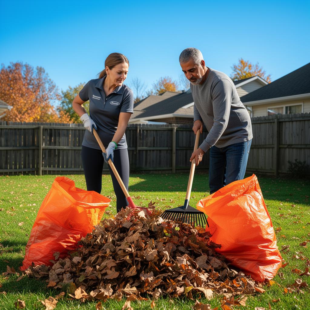 A Concierge Runner and a homeowner raking leaves side by side in a sunlit backyard